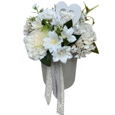 Lniany flowerbox z bukietem goździków